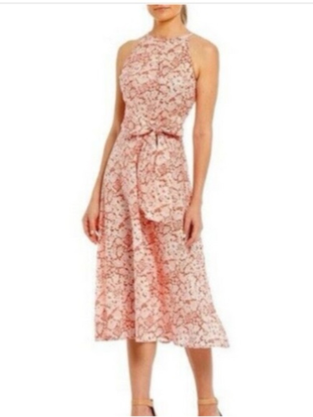 NWT. ANTONIO MELANI Red & White Floral Halter Tie-Waist Midi Dress